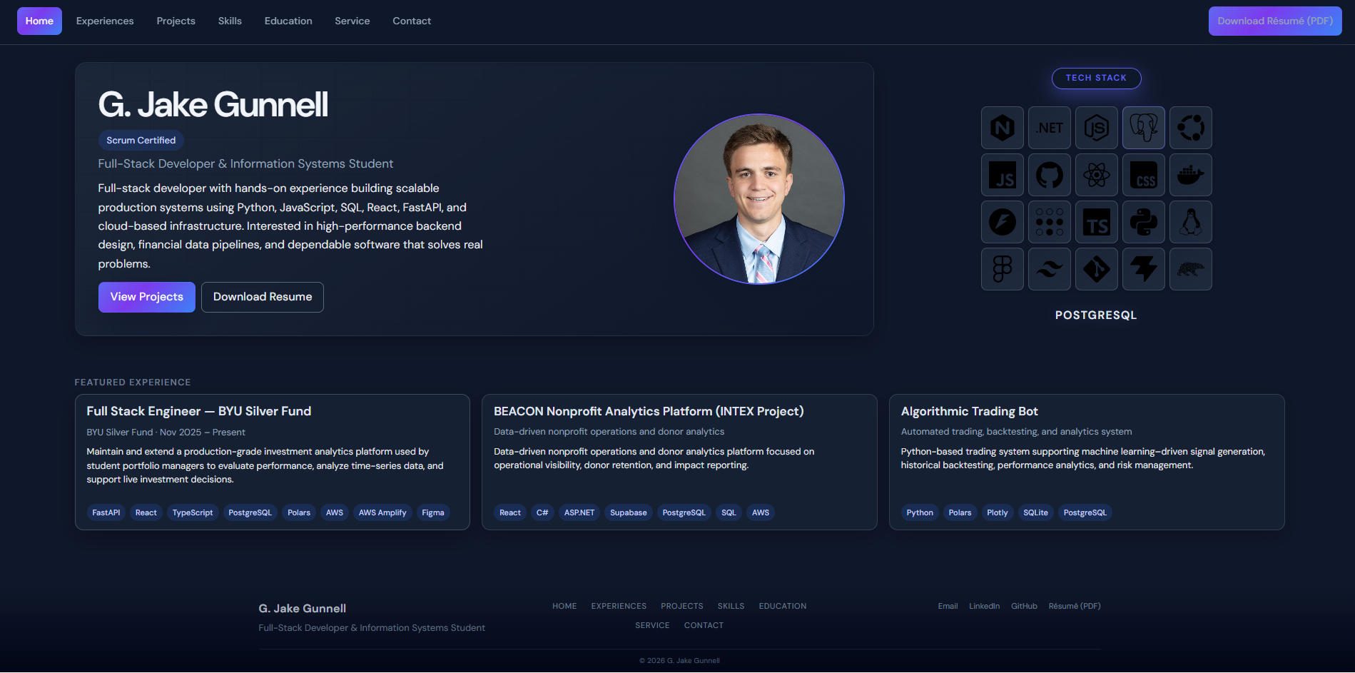 Screenshot of jakegunnell.com resume site